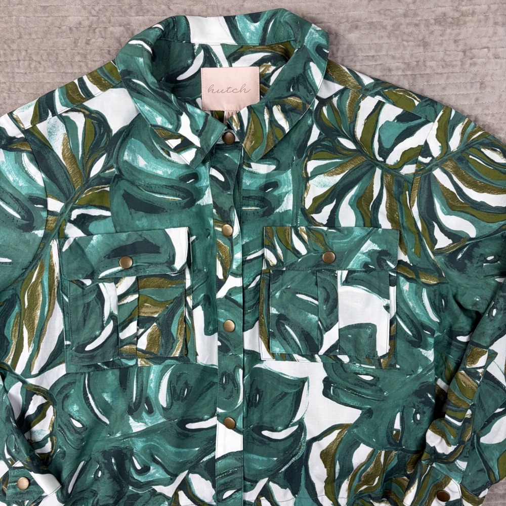 Anthropologie Hutch Tropical Monstera Leaf Cropped Utility Jacket Tencel Linen M - Picture 4 of 8